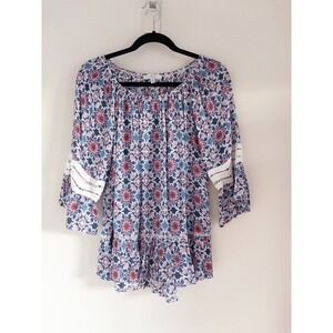 Fever Womens Boho Medallion Print Peasant Blouse Blue Red Crochet Bell Sleeve M